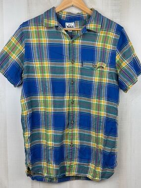 Vintage Woolrich Men’s Short Sleeve Shirt Blue Yellow Plaid Linen Blend Medium